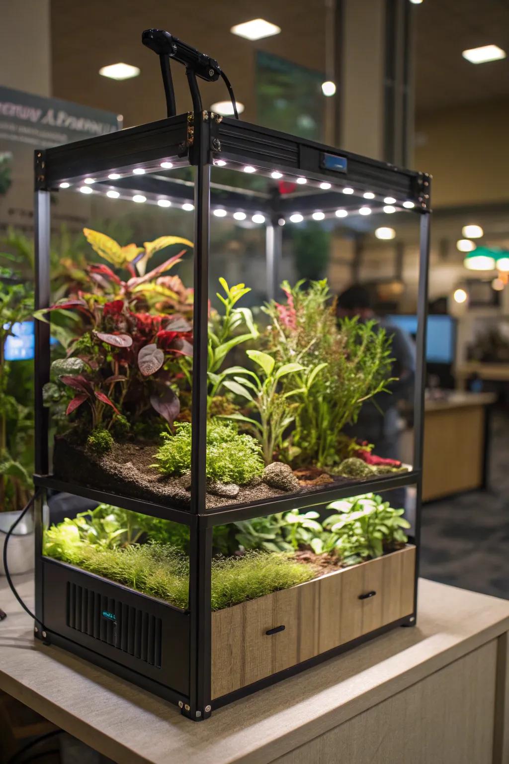An aquarium-style plant display case lit by grow lights, creating a modern art vibe.