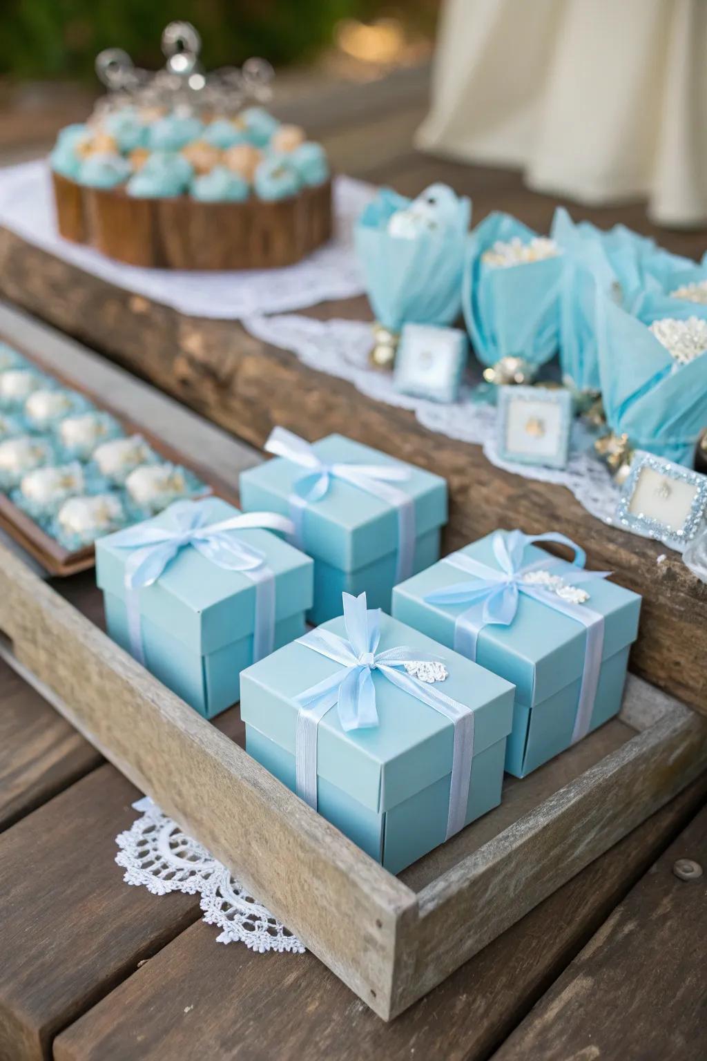 Blue-inspired wedding favors represent a thoughtful method to thank attendees.