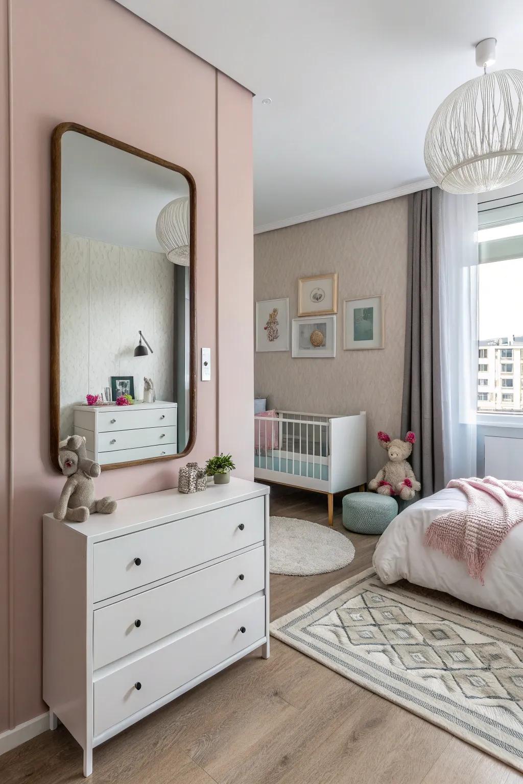 Mirrors can improve the perception of area and light in a small nursery space.