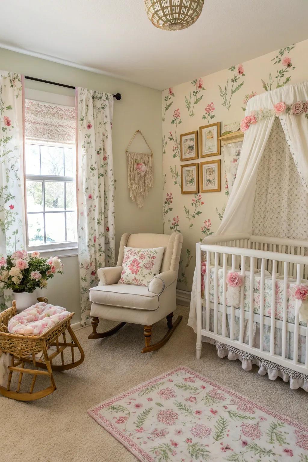 Vintage floral elements introduce a timeless charm to the nursery.