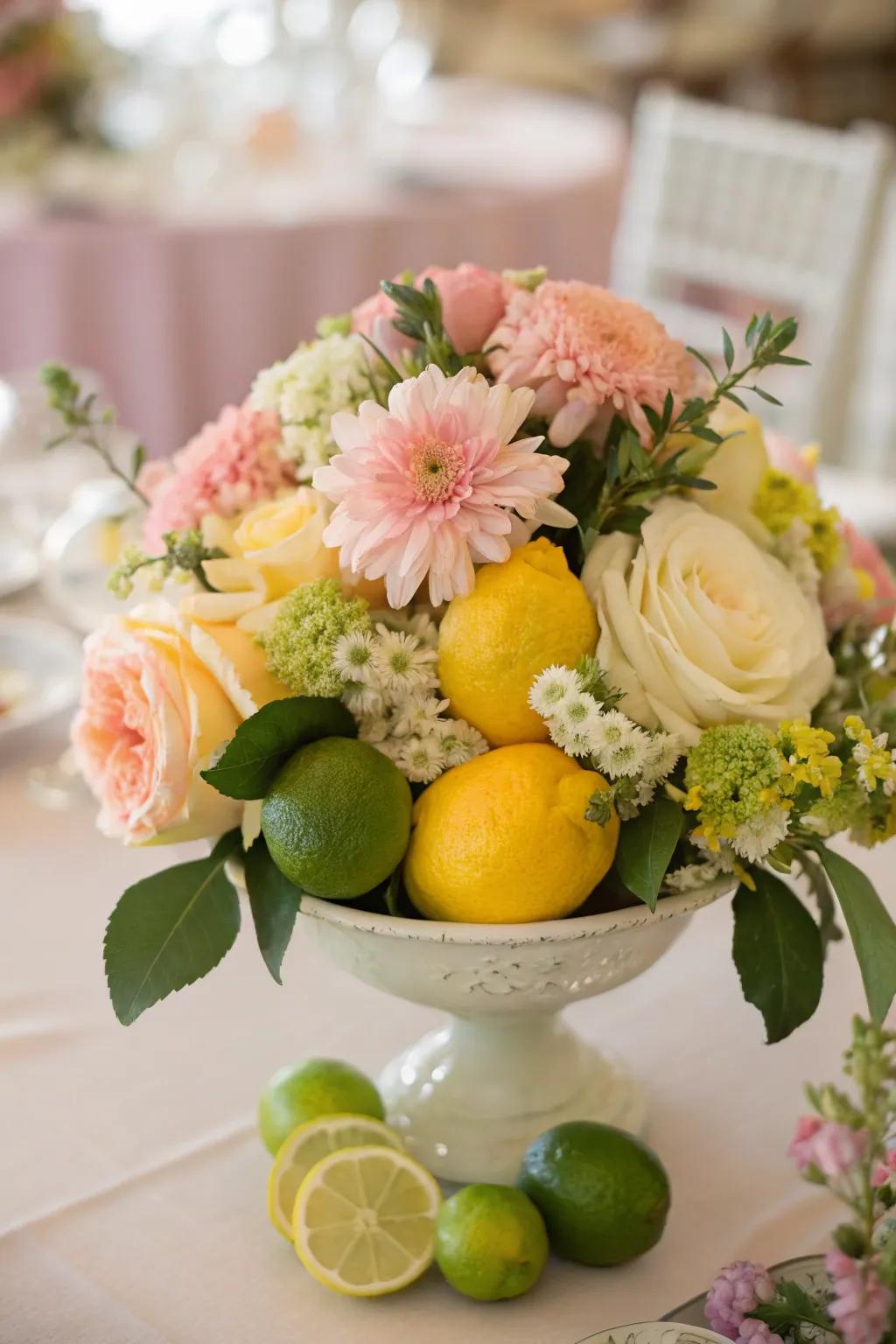 A vibrant centerpiece showcasing flowers and fresh fruits