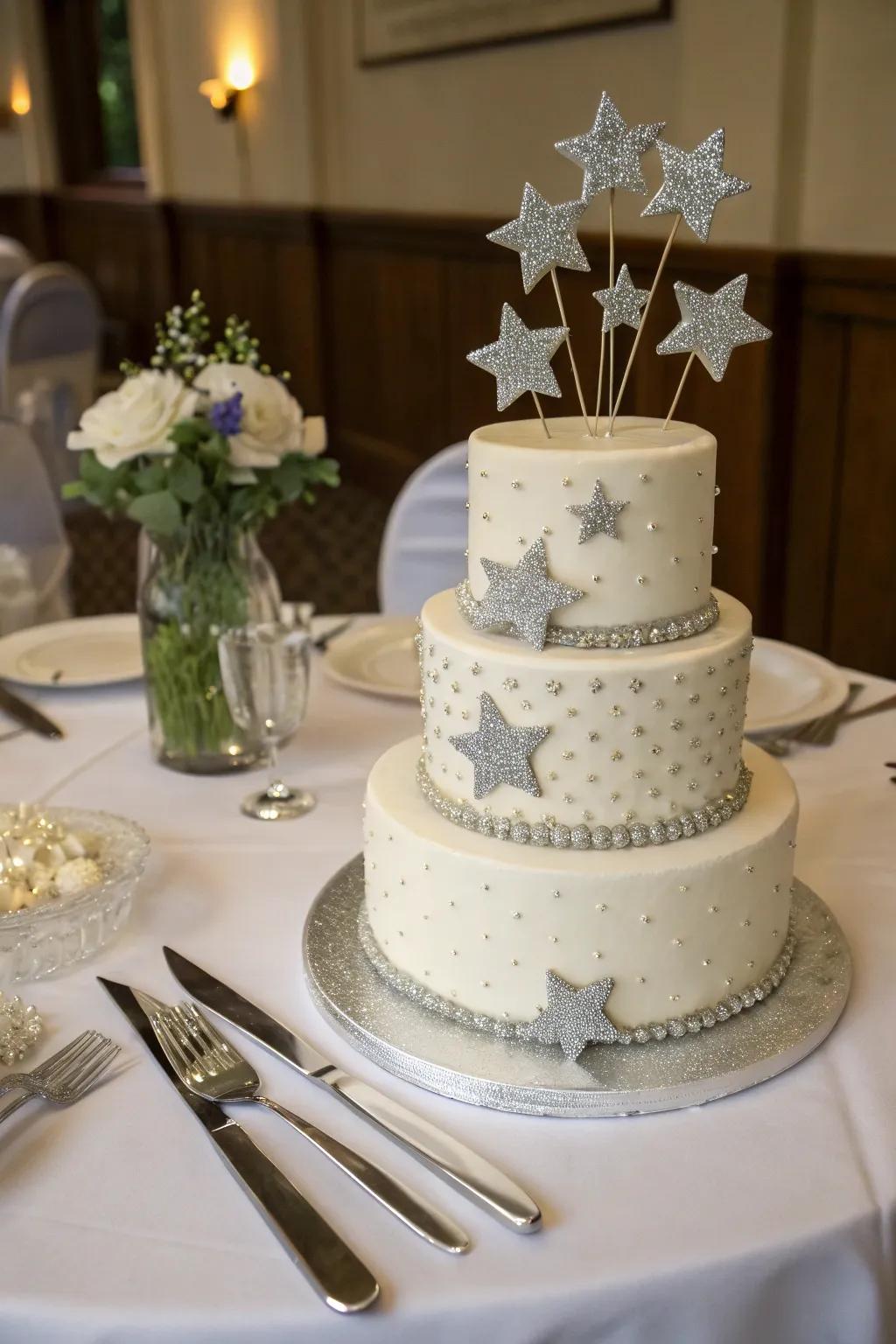 Nursery rhyme-inspired cake with silver celebrities.
