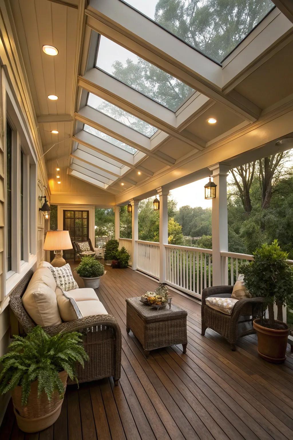 Permit natural illumination with skylights on your porch.