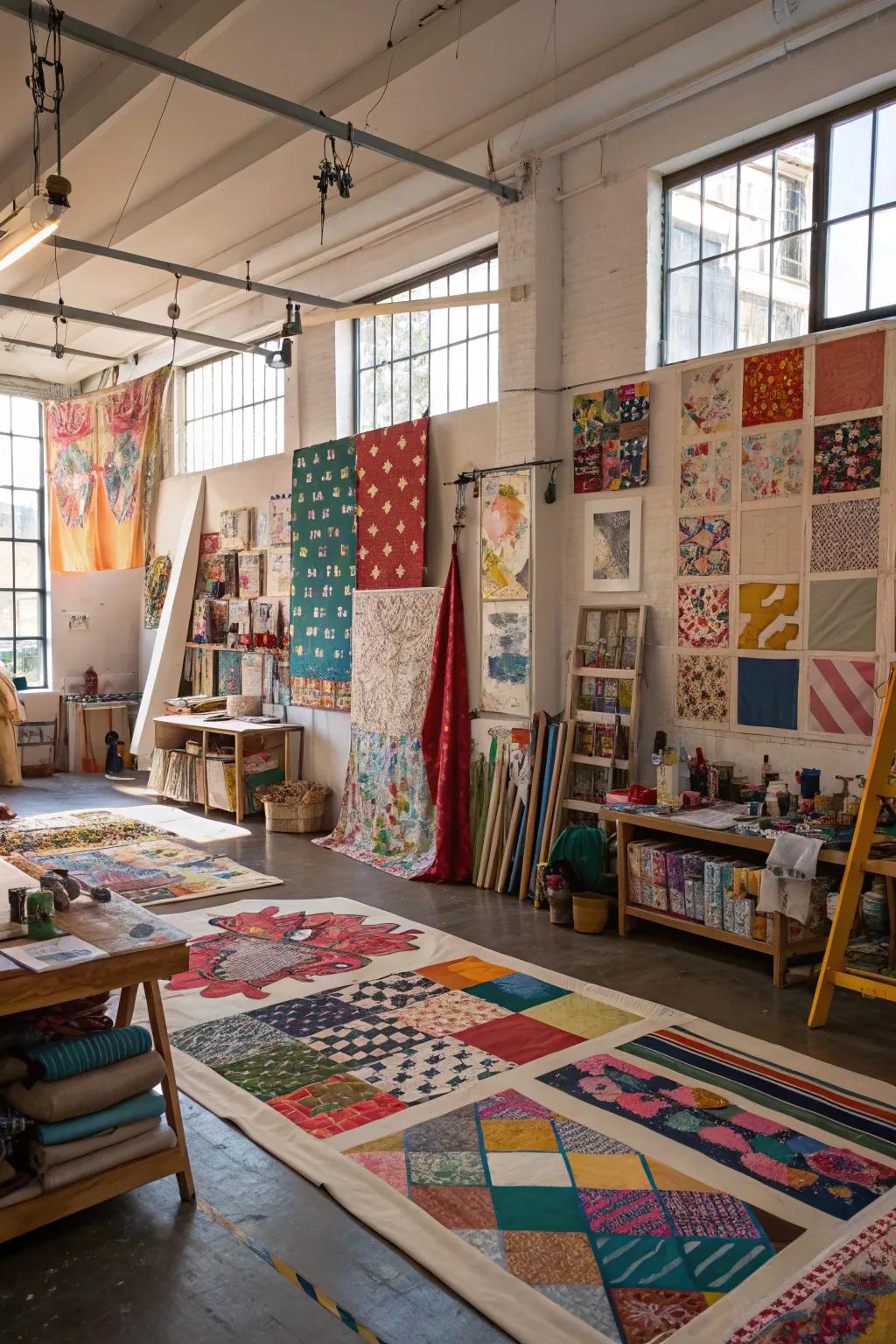 An art studio that has a variety of prints and fabrics in an eclectic patchwork design.