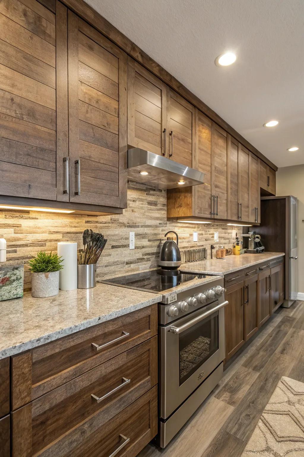 Wood-look tiles infuse rustic warmth into fantasy brown granite.