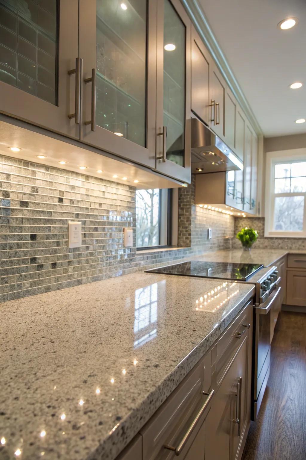 Glass tiles lend a polished contemporary vibe to granite countertops.