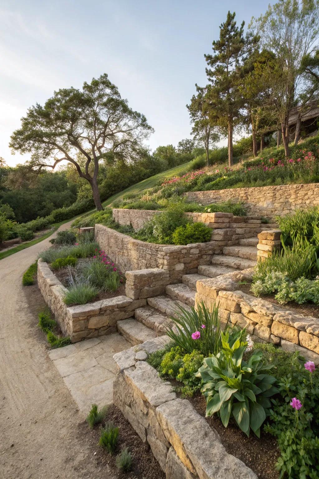 Terraced landscapes with crushed rock fines contribute to beauty on sloped terrains.