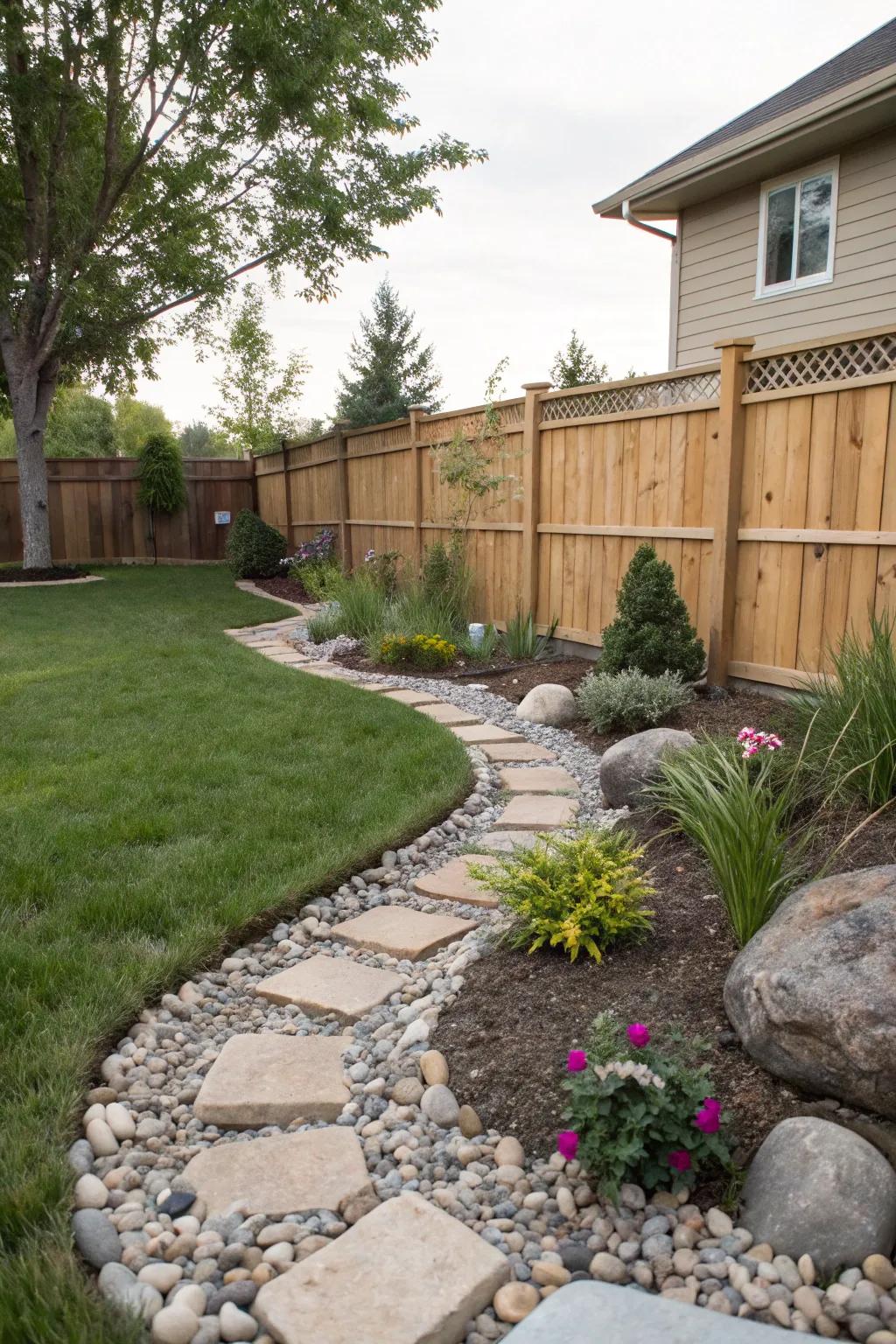 Ornamental stones boosting drainage and appeal in a backyard.