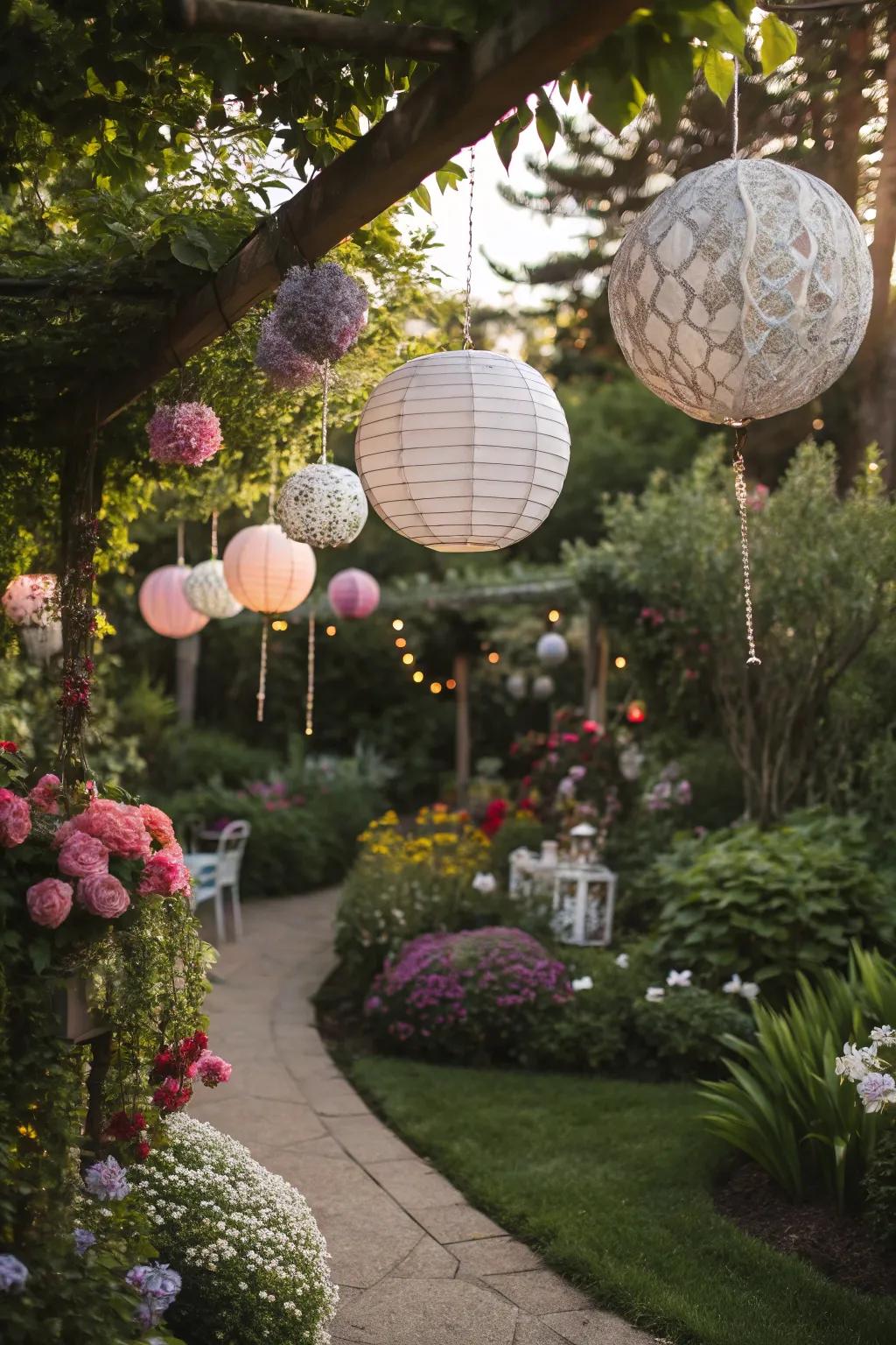 Suspended decorations add whimsy and visual interest to the garden.