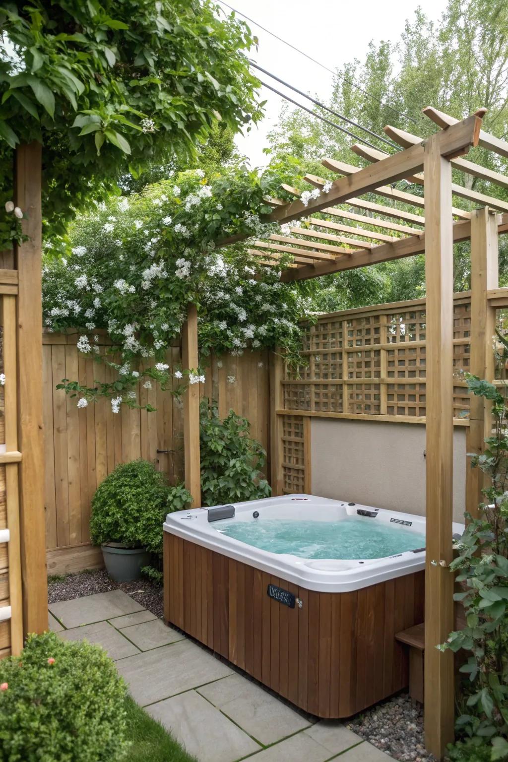 Frames with climbing plants create a fragrant and private hot tub oasis.