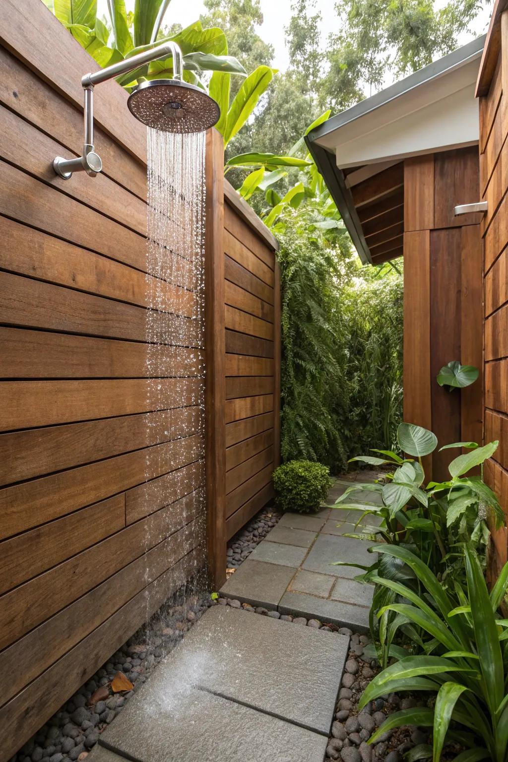 An outdoor shower provides a refreshing embrace of nature.