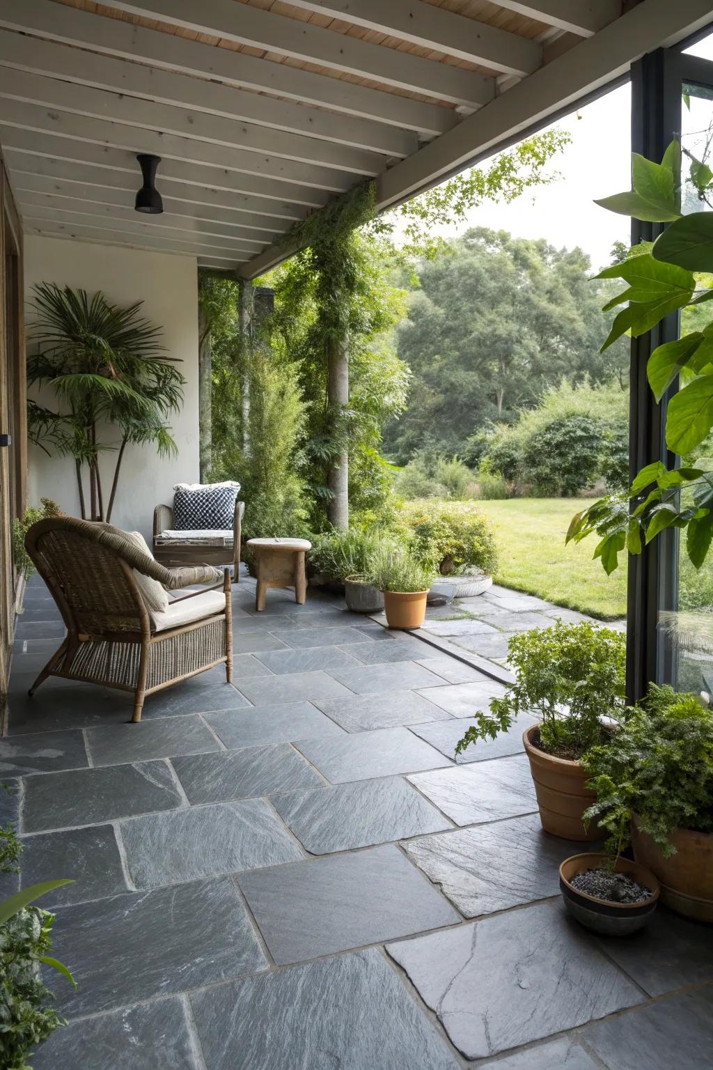 Slate tiles inject drama and modern sophistication into any patio.