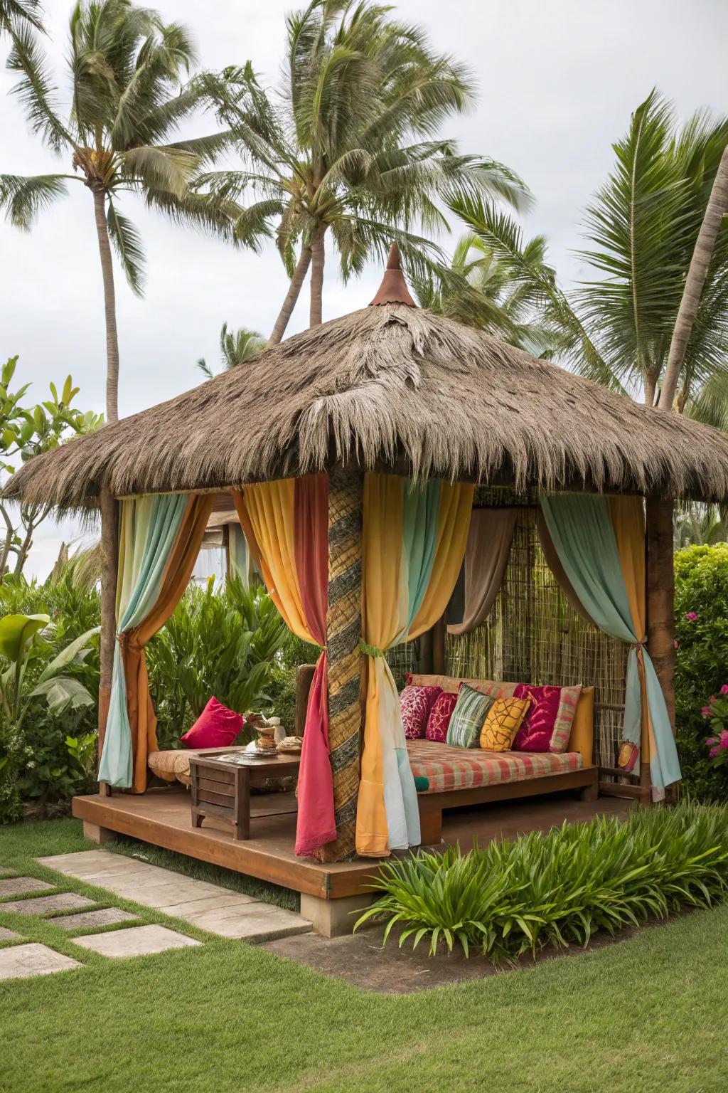 Colorful fabrics add a lively touch to your tiki hut decor.