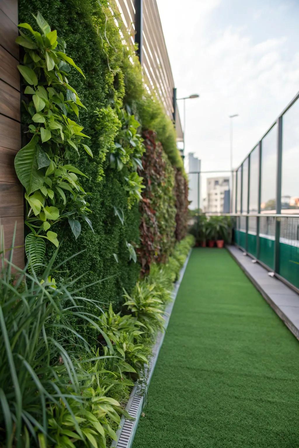 A green wall enhancing a turf area.