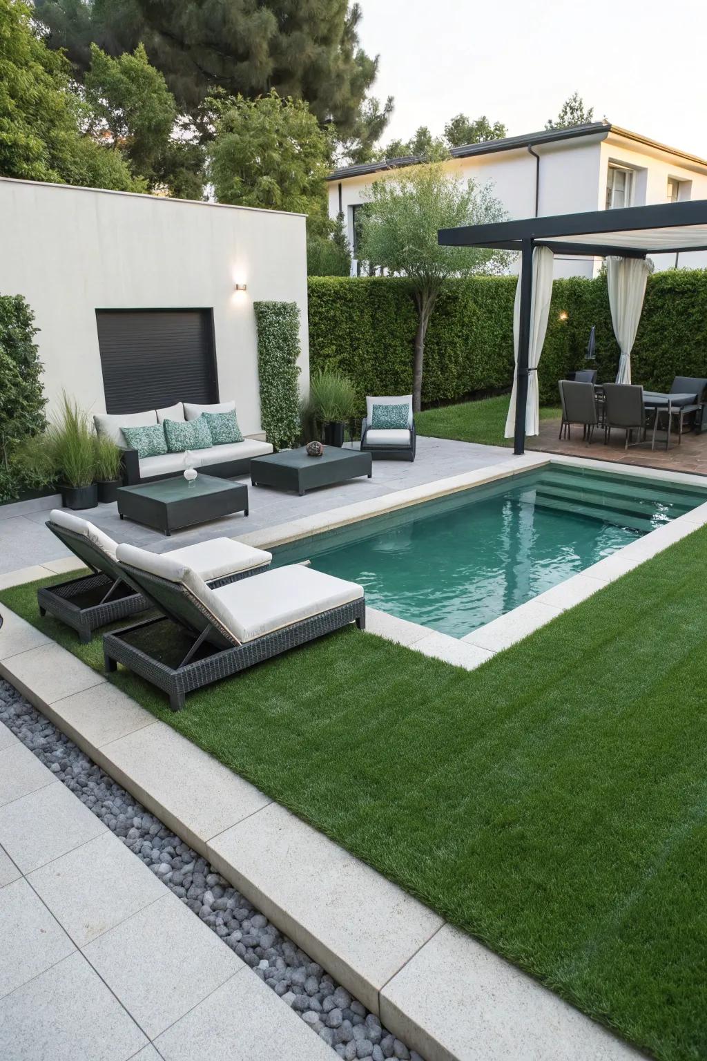 Synthetic lawn delivers a rich, low-maintenance visual surrounding the pool.