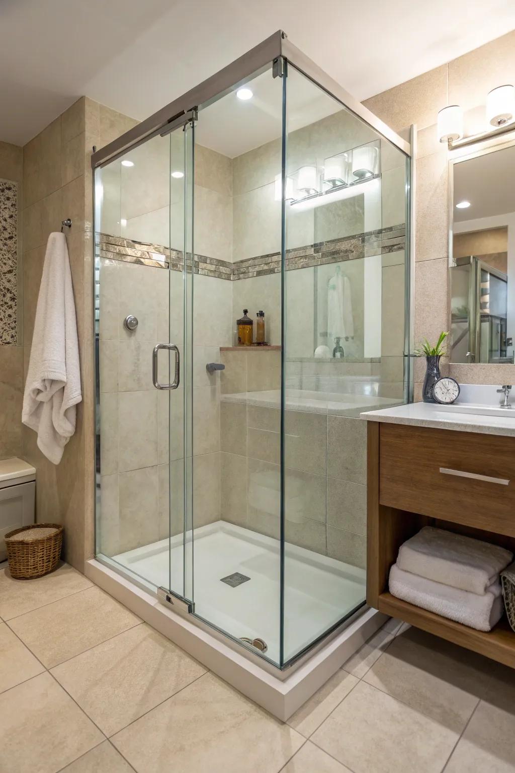 A bathroom with a clear glass shower door that provides no privacy.