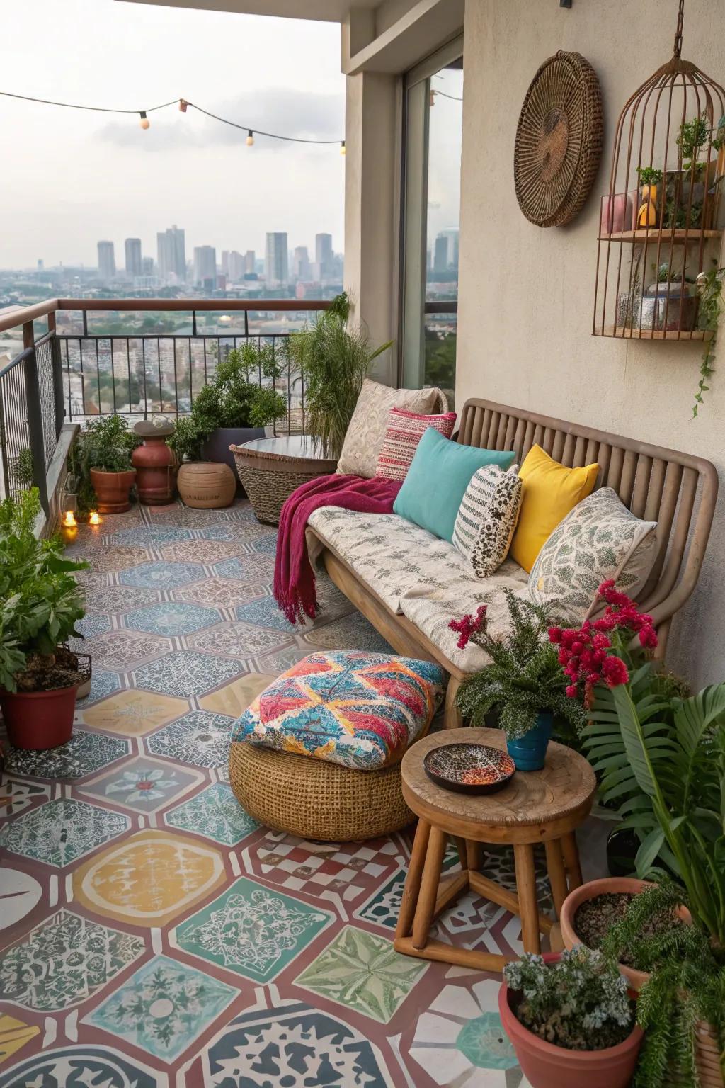 Patterned vinyl flooring combines durability with endless design options, perfect for creative spaces.