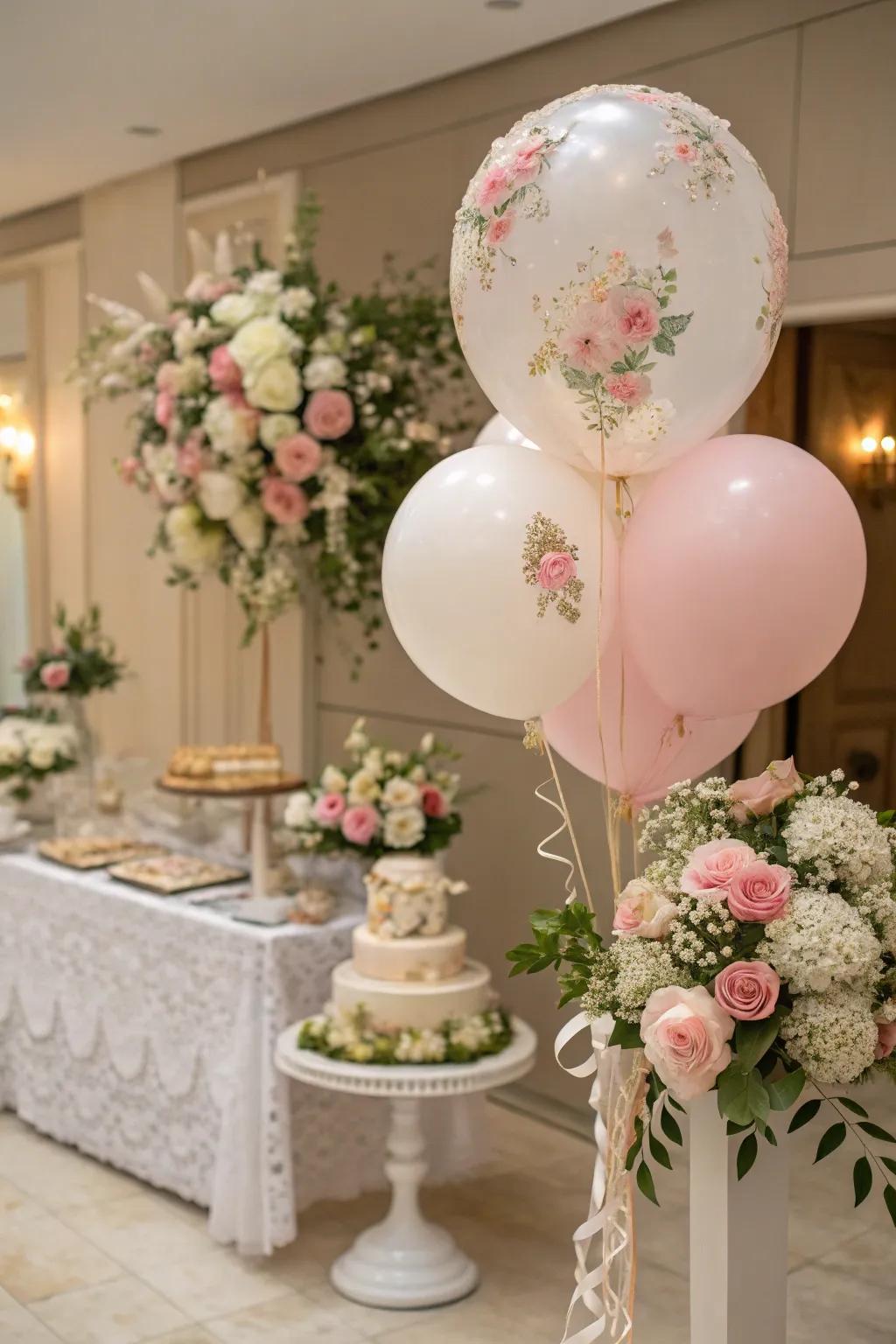 Balloons accompanied by botanical details fashion a fresh and elegant aesthetic.
