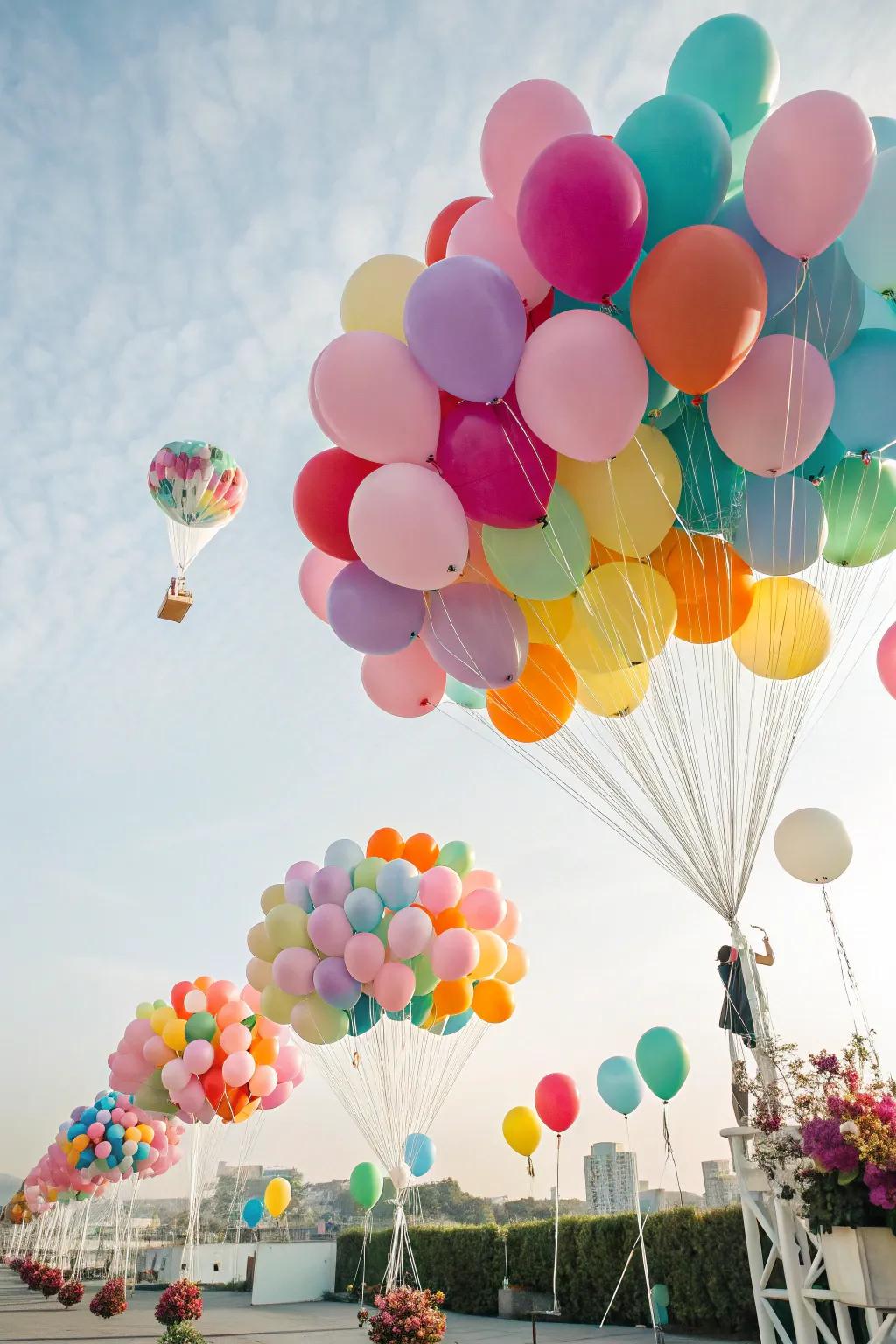 Drifting balloon bouquets create an extraordinary and vibrant aesthetic.