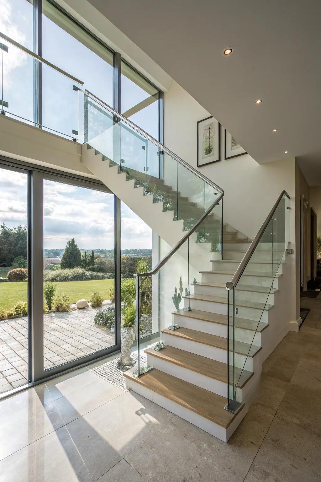 Banisters made of glass panels are sleek and contemporary.