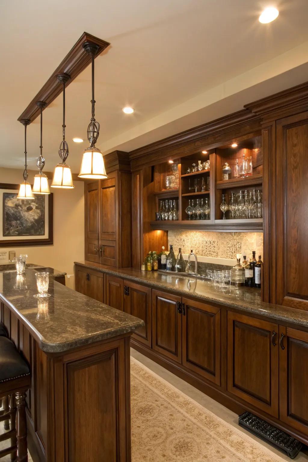 A home bar featuring a warm wood tone backsplash with ambient lighting.