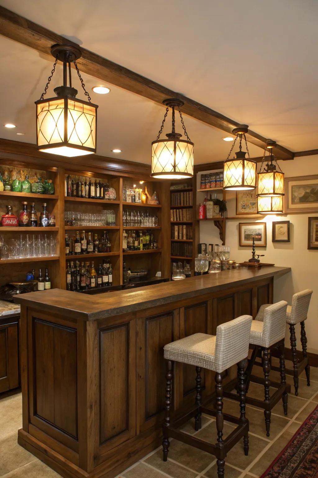 Rustic lanterns contribute vintage charm to the bar.
