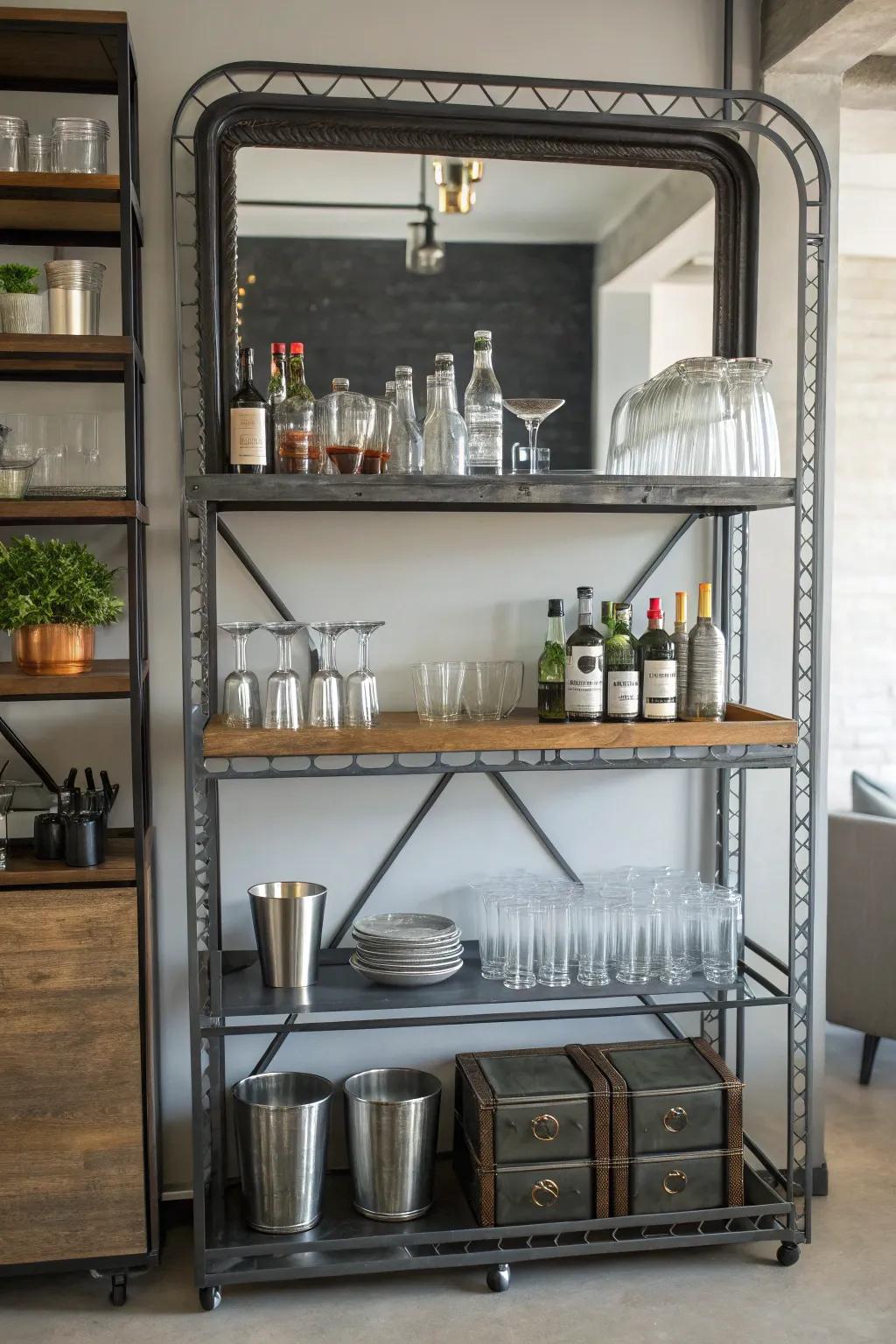 Modern industrial design using metal and mirrored elements to the bar design.