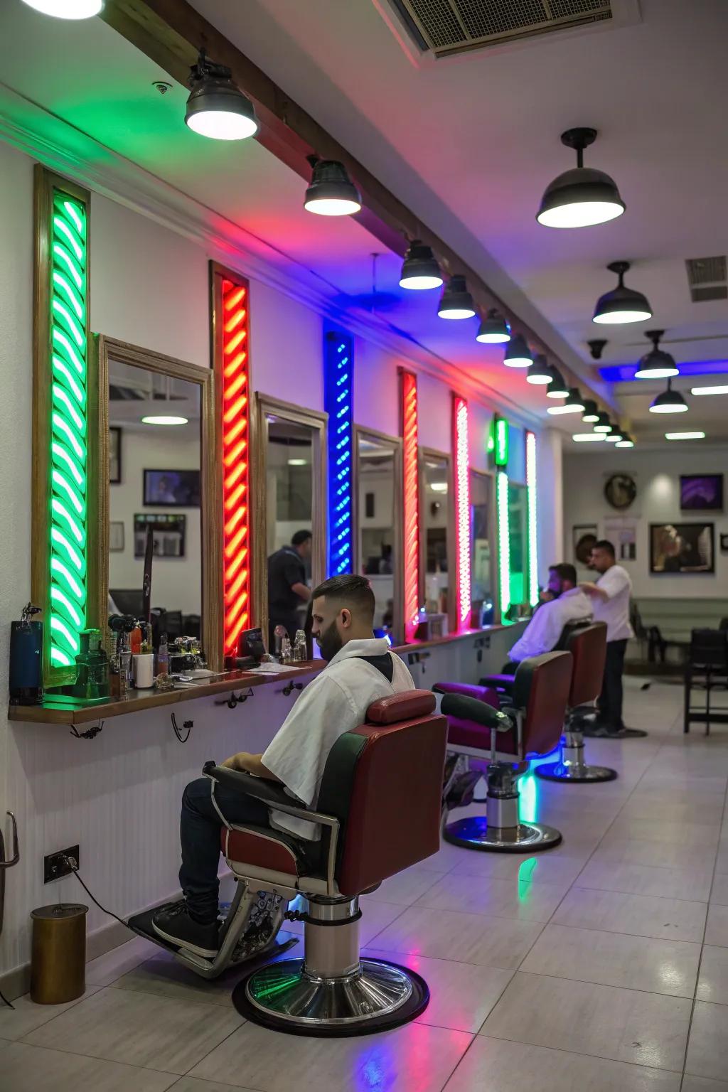 A colorful and playful barbershop enhanced by vibrant LED lighting.