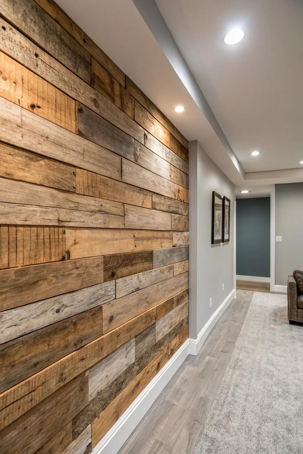 Layered wood plank boards creating a textured wall effect.