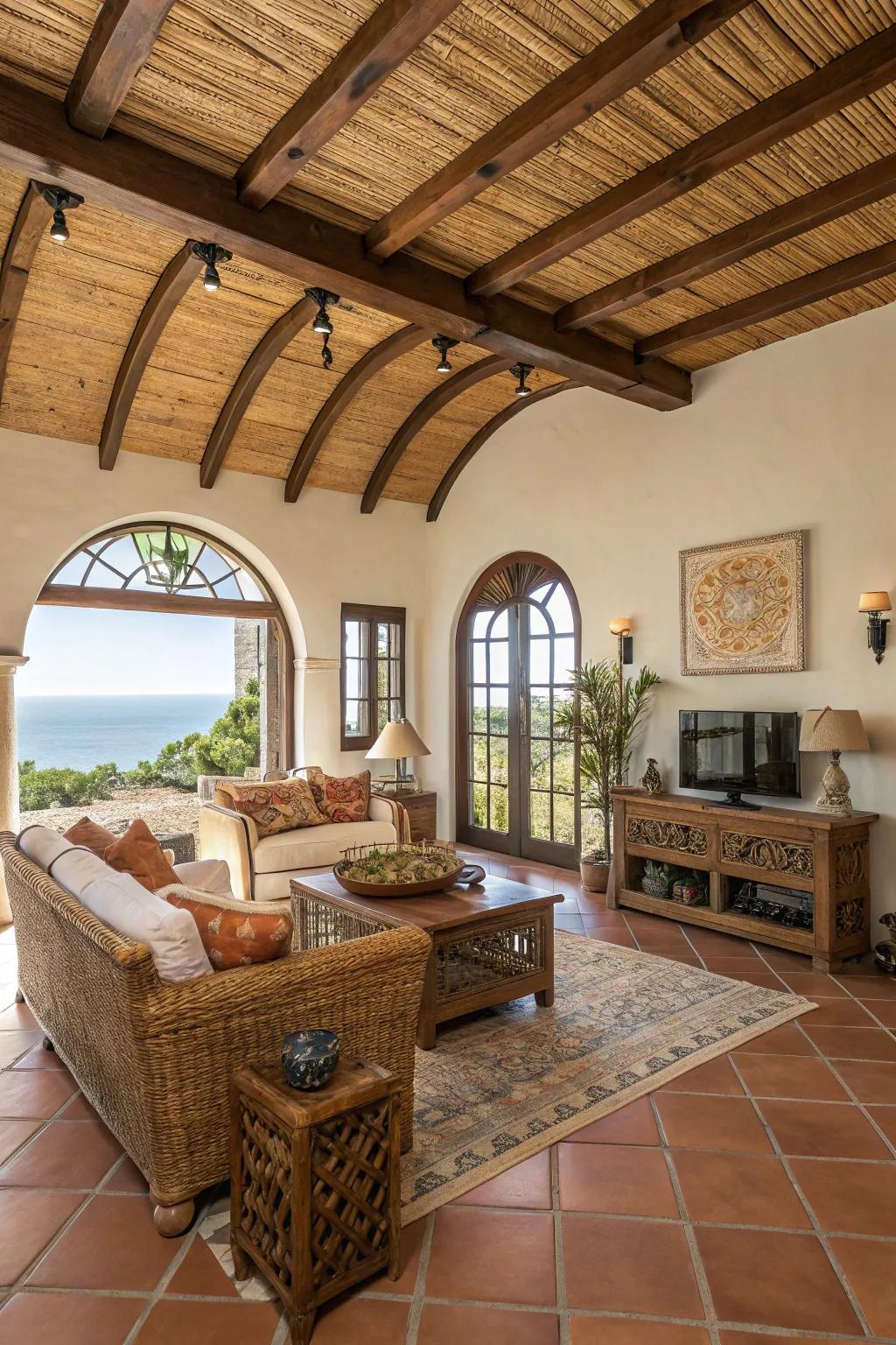 A Mediterranean-inspired living space showcasing a warm arched ceiling.