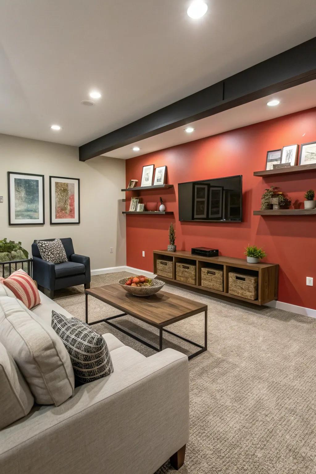 A feature wall adds character and intrigue to this basement family room.