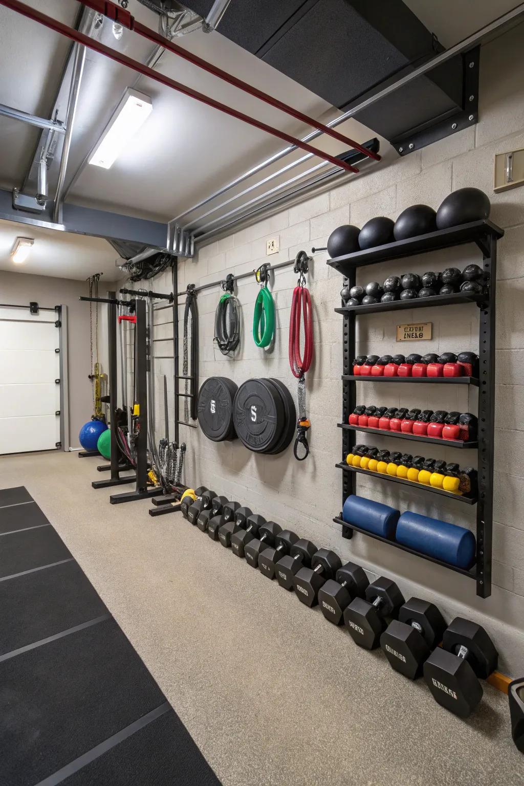 Smart storage solutions keep your gym organized.