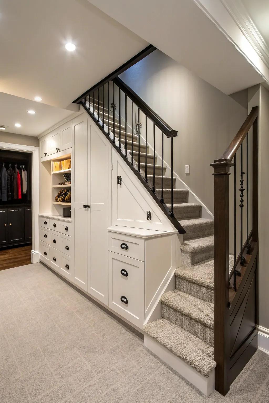 Custom cabinets provide sleek and organized under-stair storage.