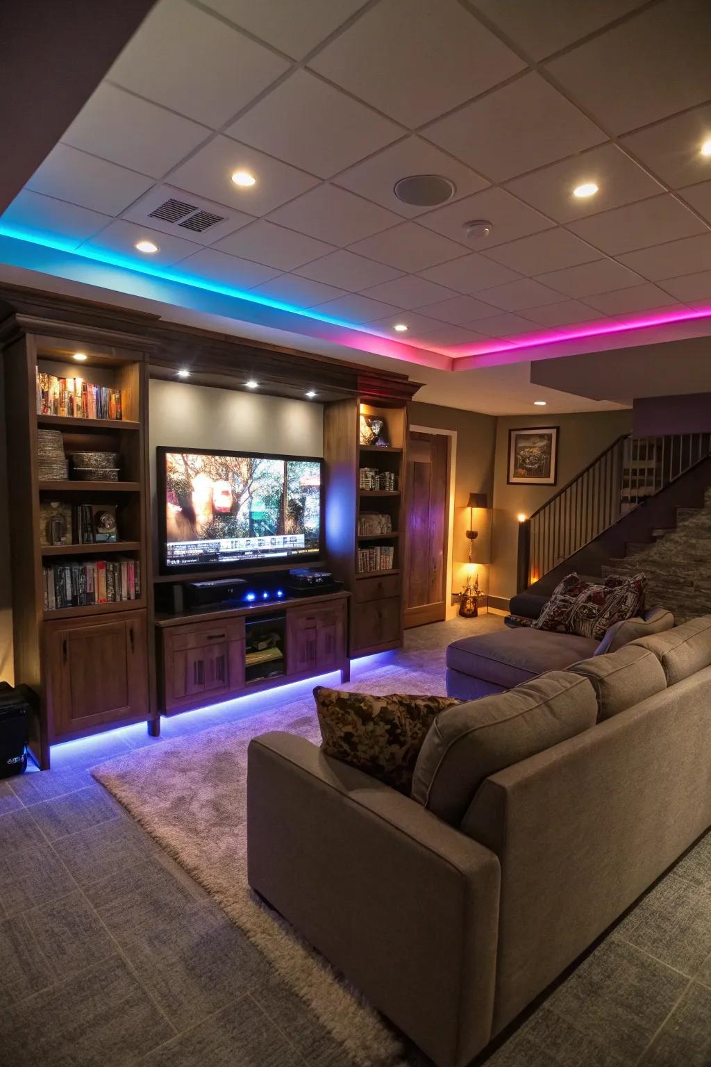 A basement TV area with mood lighting adjustable to engender varying ambiances.