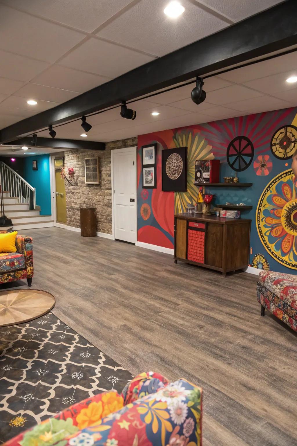 Vinyl flooring with combined materials adds a diverse touch.