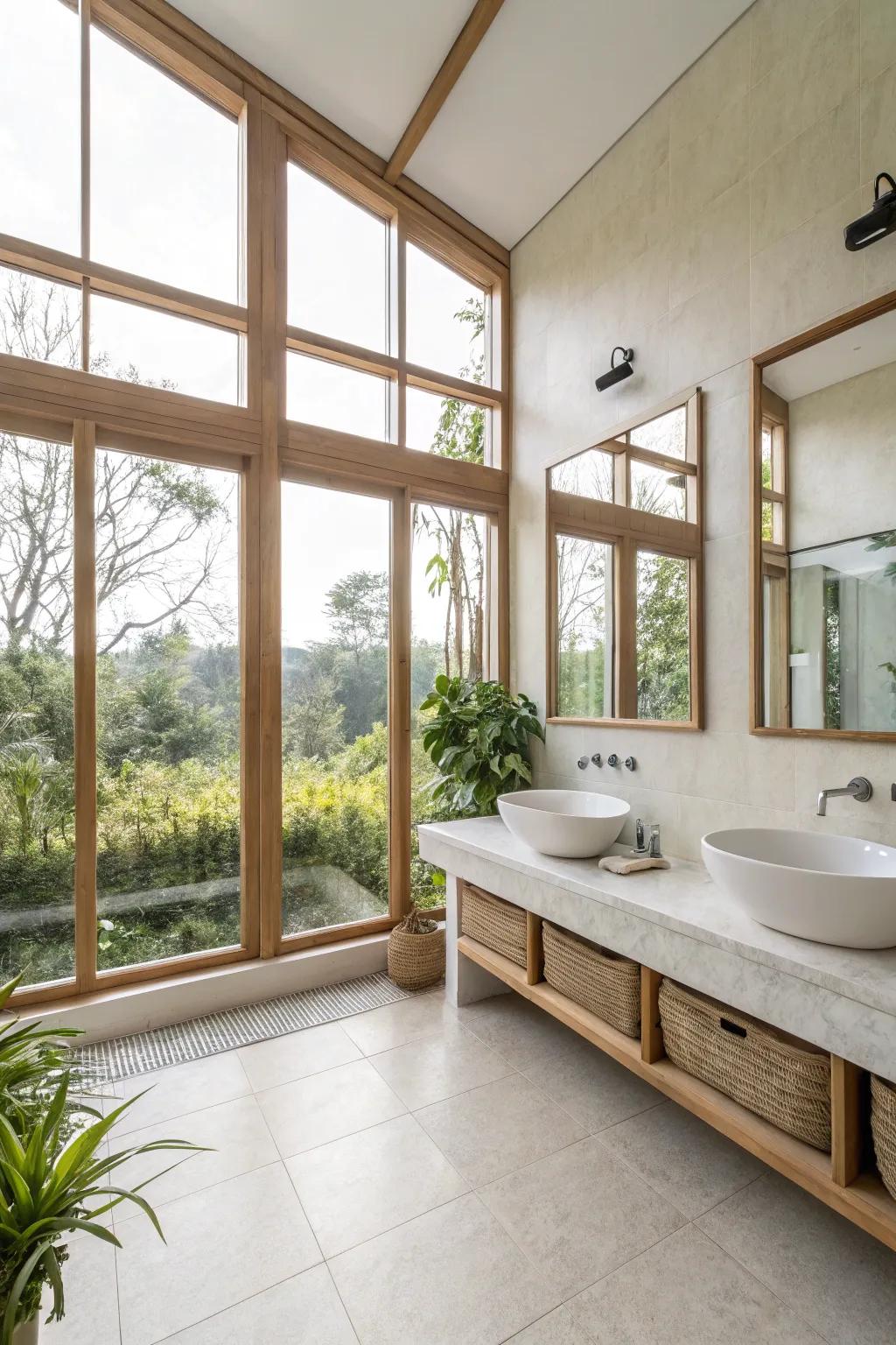 Expansive and airy arrangements fashion a spacious and welcoming bathroom setting.