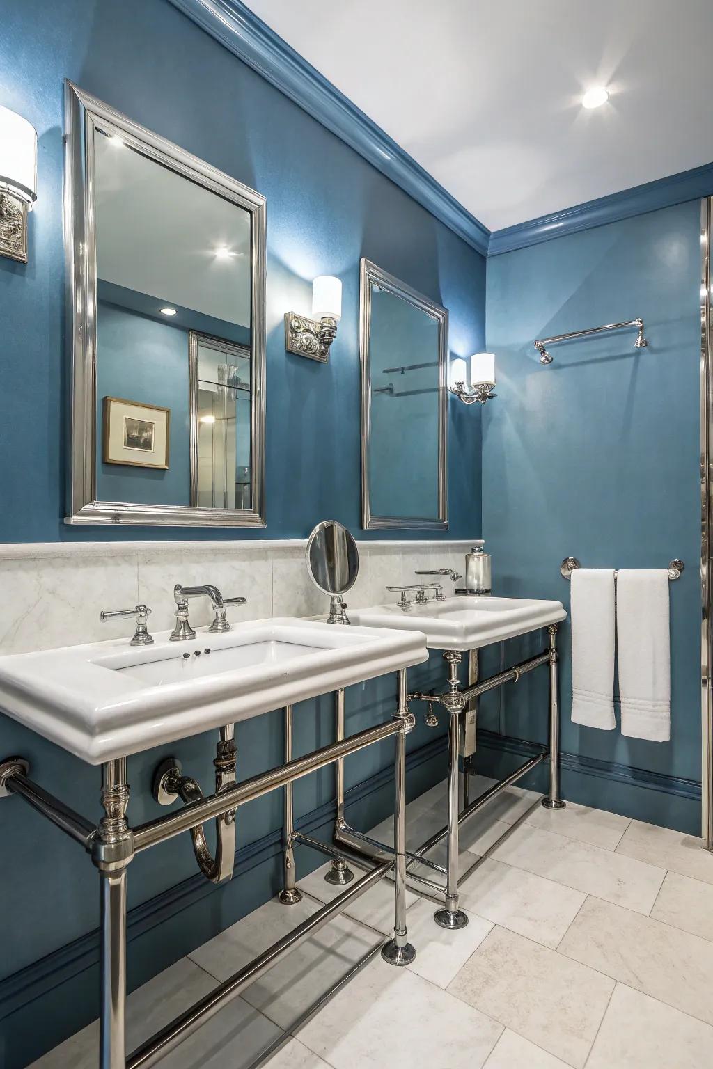 Icy blue walls provide a refined, modern bathroom ambiance.