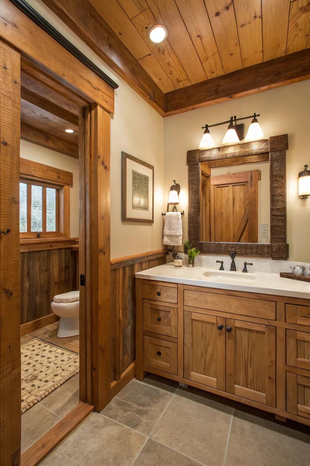 Wood edging infuses warmth and a homespun appeal to the bath space.