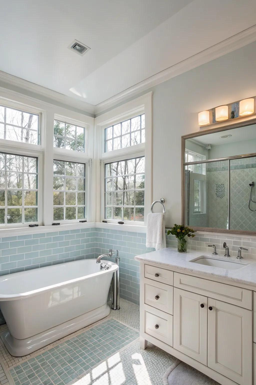 Transom windows add more light while keeping privacy in the bathroom.