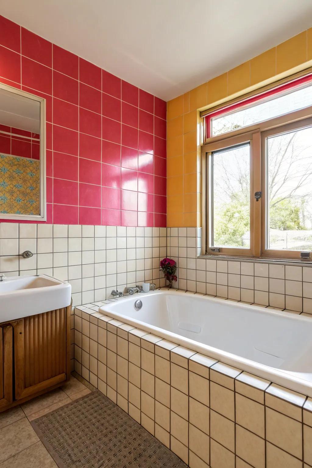 An accent of color adds personality to this bathroom.