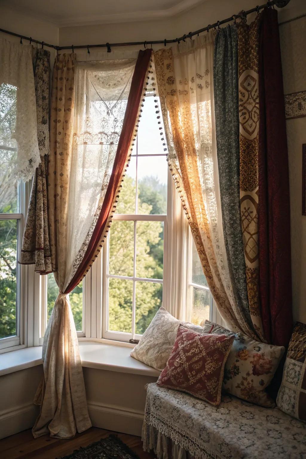 Varied curtain styles for a unique and bohemian bay window design.