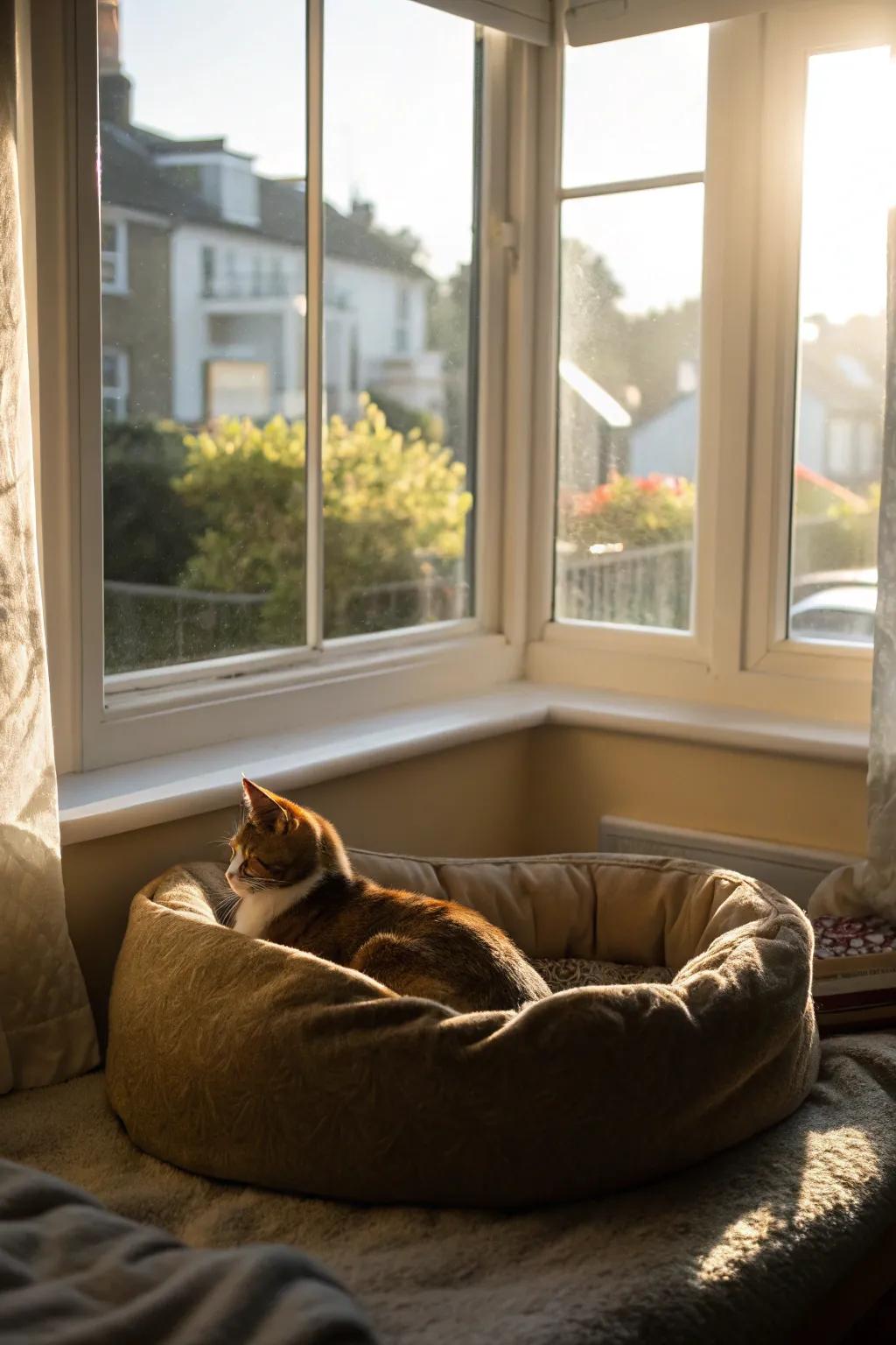 An animal-friendly space within the bay window offers a sunny spot for your beloved pet.
