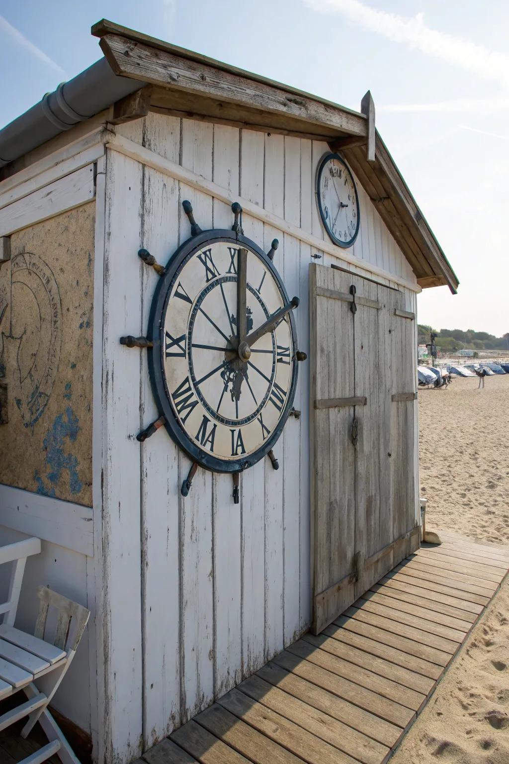 An oversized boat-themed timepiece acts as a fashionable focal point on the beach outbuilding wall.