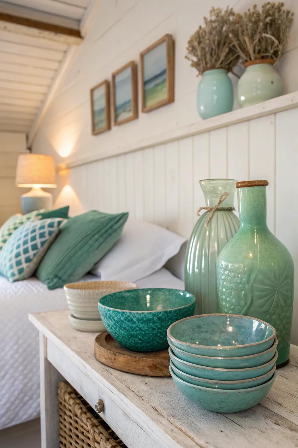 Sea glass accents add a touch of beachside elegance.