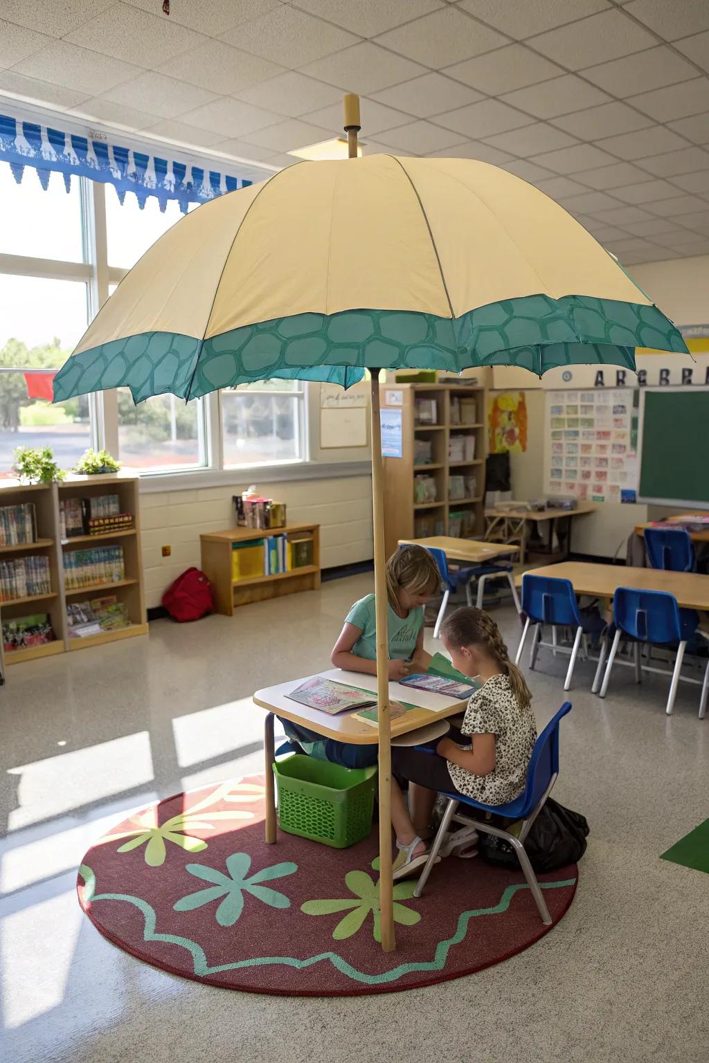 A beach parasol adds a whimsical and functional touch to the classroom decor.