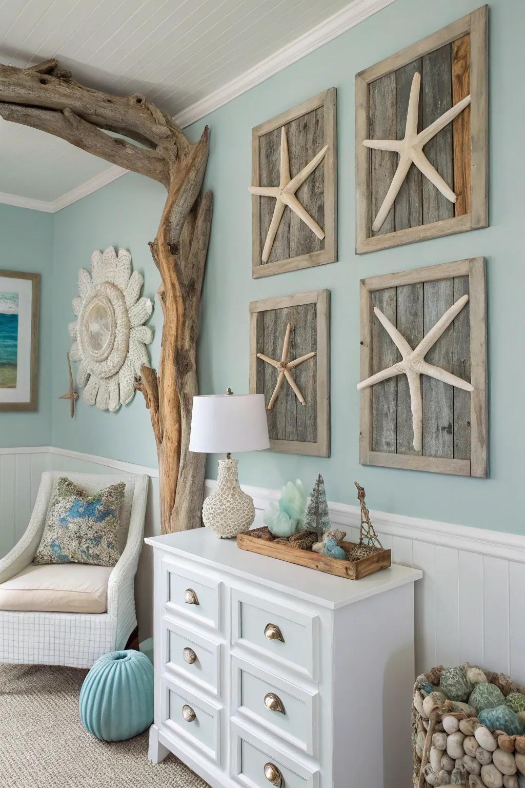 Flotsam artistry imparts a rustic beachy detail.