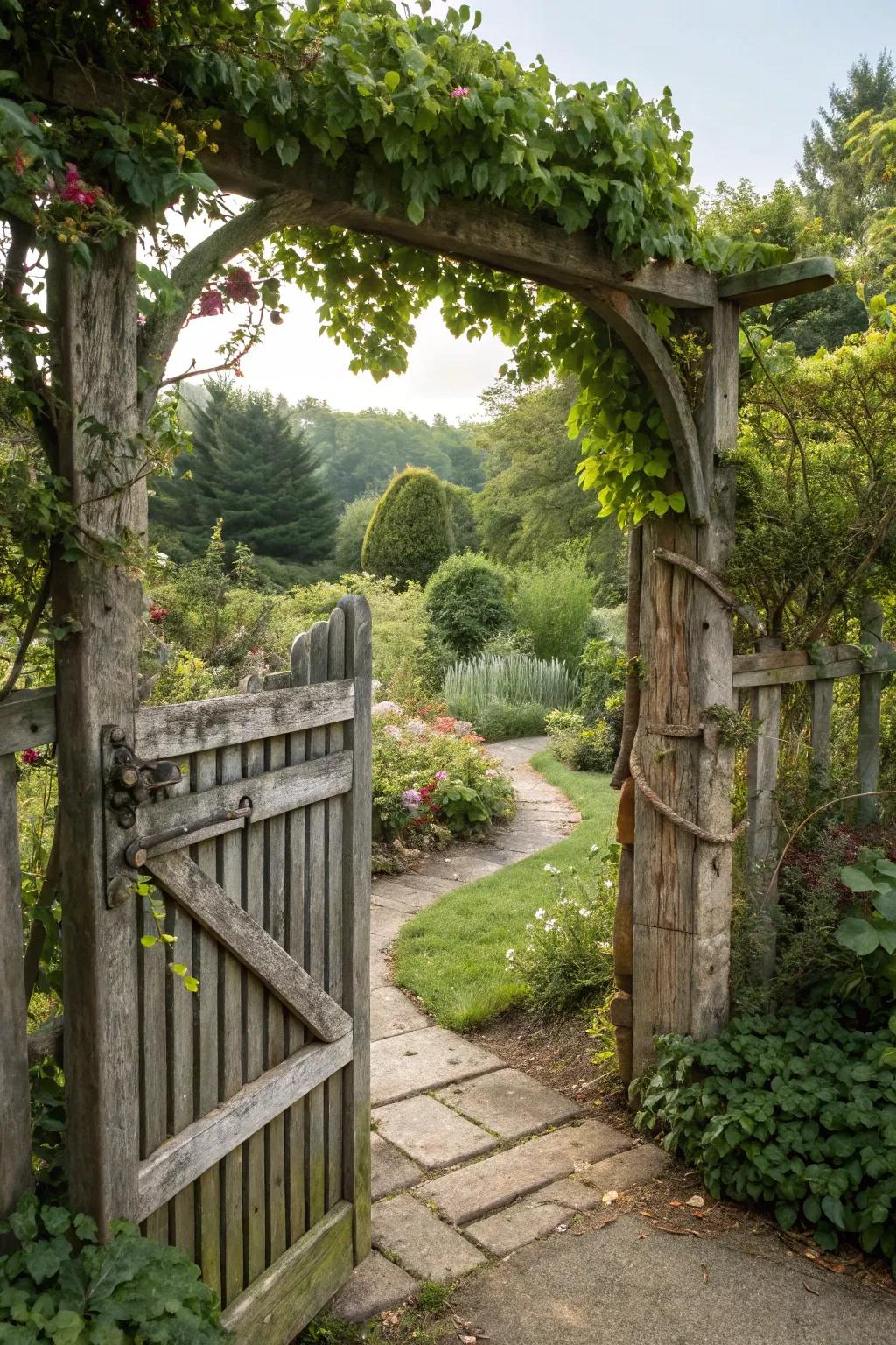 A charming rustic garden entrance leading into a lush garden.