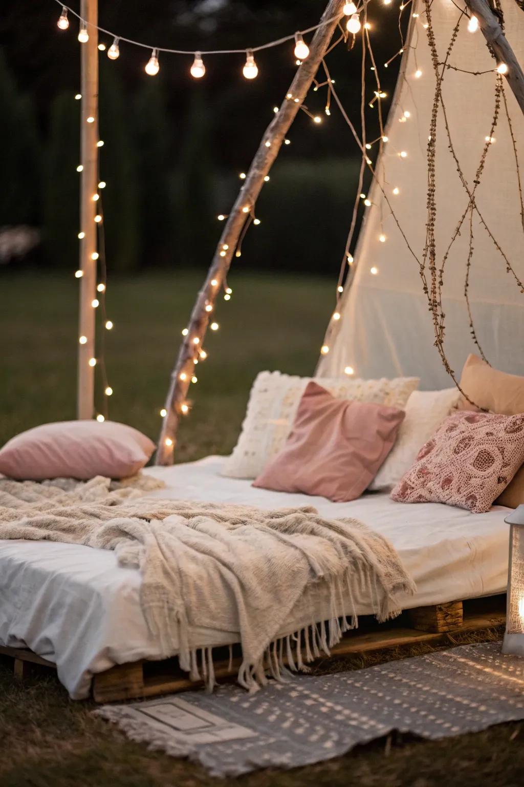 Create a whimsical space using string lights to frame the floor bed.
