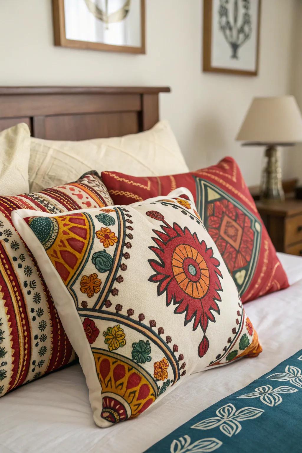 Synthesize cultural patterns to craft a lavish and layered cushion arrangement.