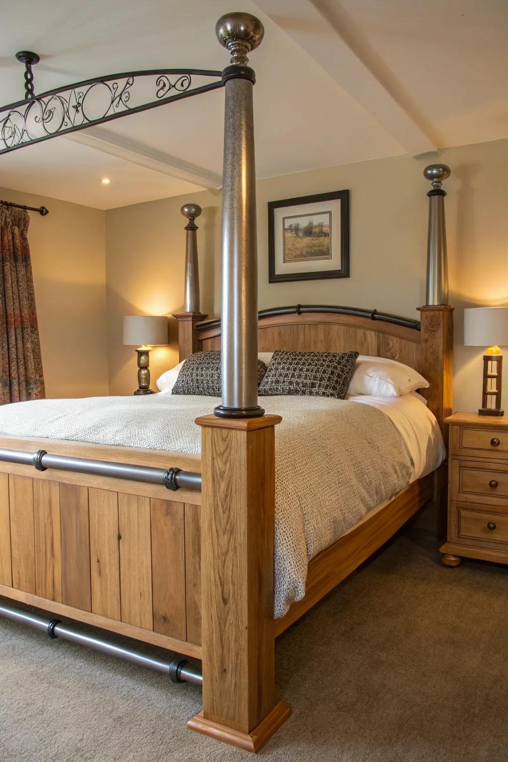 Mixed material bedposts offer a modern, diverse aesthetic.